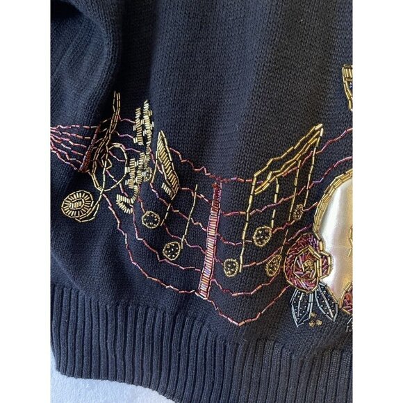 LIZI RUCH Musical Notes Violin Button Up Cardigan Sweater Womens M Black Vtg - Picture 11 of 16